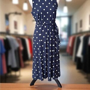 Anne Klein Dark Blue and White Polka Dot Midi Dress